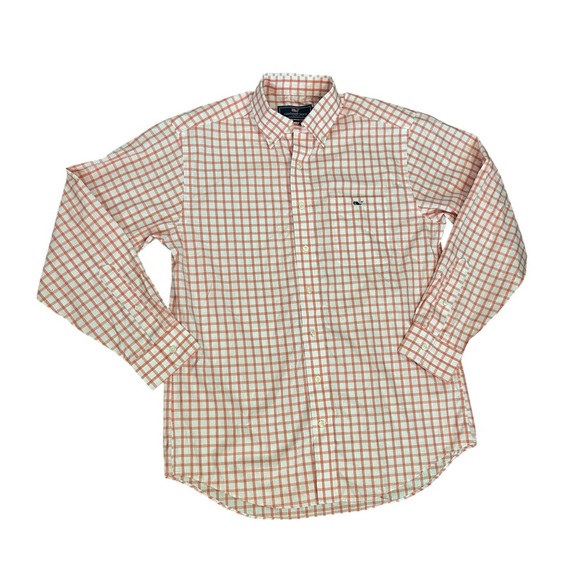 Vineyard Vines Coral Red Orange Plaid Gingham Checkered Button Up Mens Sz Medium - Picture 2 of 11